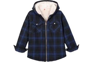 ZENTHACE Boys Sherpa Lined Full Zip Flannel Plaid Shirt Jacket,Cozy Hooded Flannel Shirt with Hand Pockets