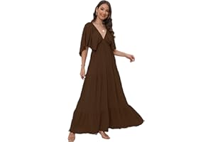 SUNNOW Women's Summer V-Neck, Tiered Silhouette with Flutter Sleeves Maxi Dress for Casual