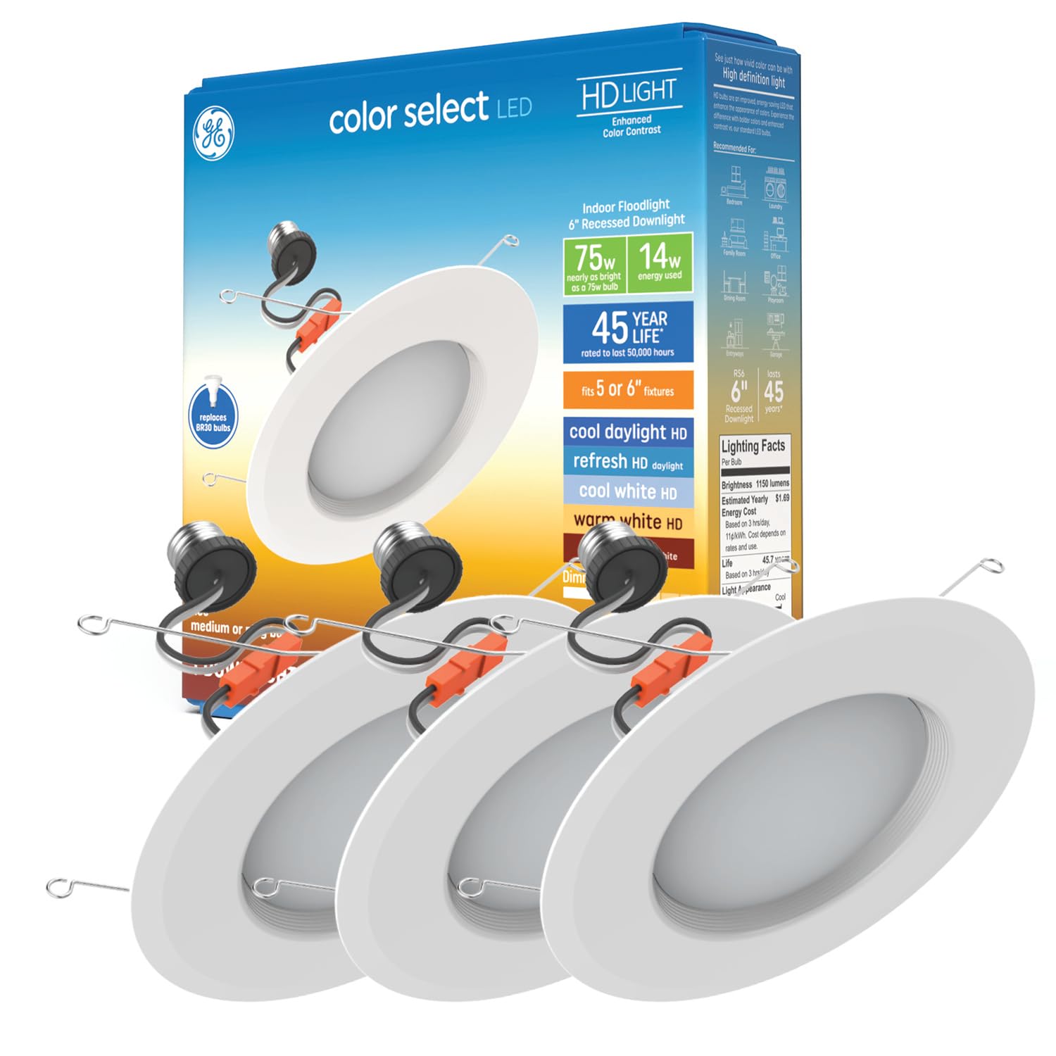 Photo 1 of * only comes with one *
GE Color Select LED Recessed Downlight Fixture, RS6 Indoor Floodlight, 6-Inch, Multiple Color Temperatures, 75 Watt Replacement (3 Pack)