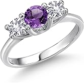 Gem Stone King 14K White Gold Purple Amethyst & White Created Sapphire 3-Stone Engagement Ring | 0.98 Cttw | Round 5MM and 4MM | 3 Stone Wedding Anniversary Promise Ring For Women