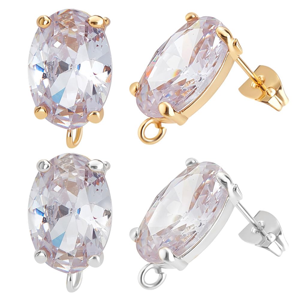 Beebeecraft 6 Pairs 2 Colors Cubic Zirconia Stud Earring Findings Oval Diamond Stud Earrings with Loop Gold and Silver Color Earring Component for DIY Earring Jewelry Making