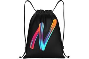 Pazacon Drawstring Bags Initial Drawstring Backpack Sackpack Black Draw String Cinch Bags for Sports, Gym, Travel, Swimming, Beach, Camping, Rainbow Letter N