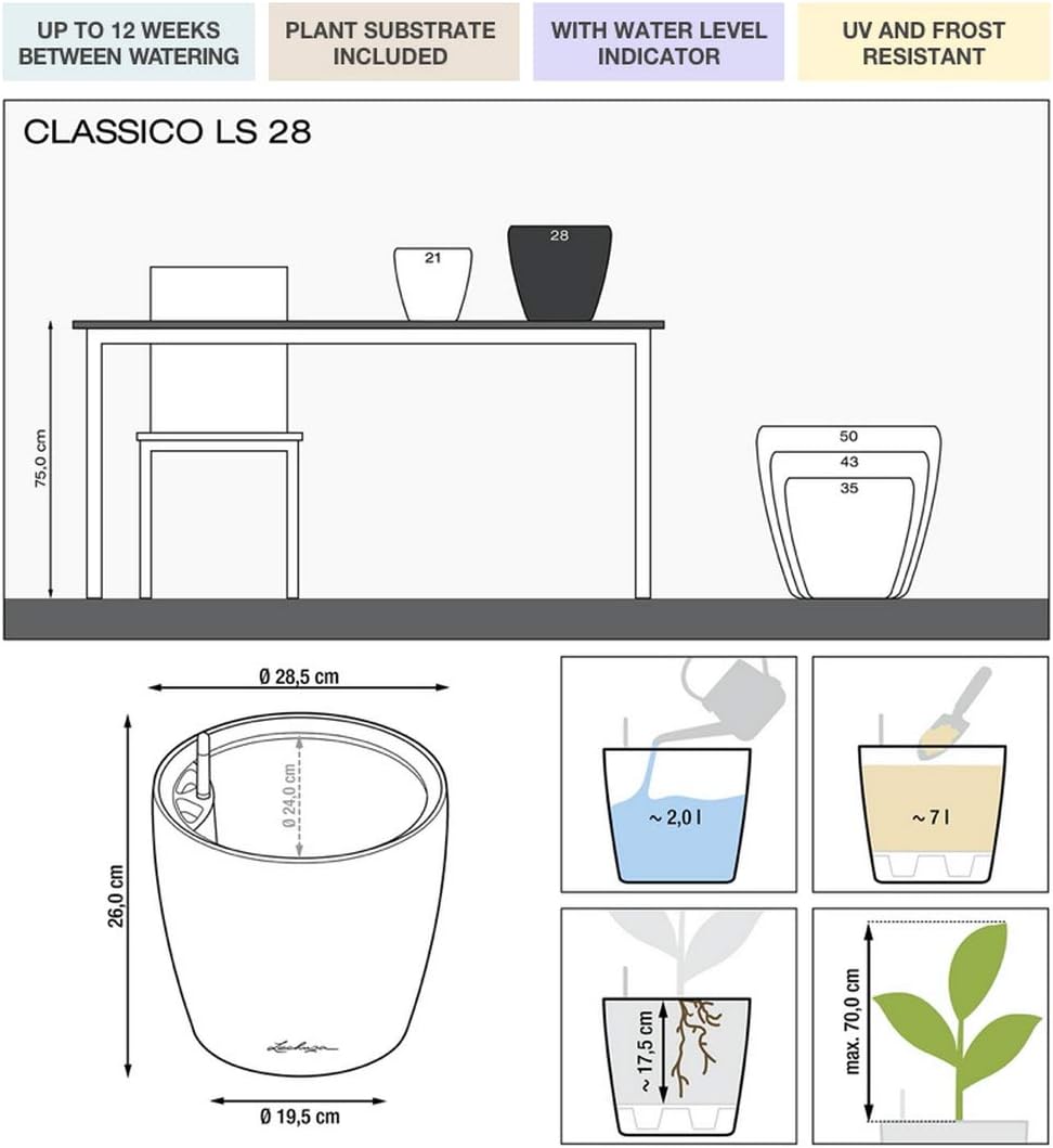 Lechuza Self Watering Plant Pot CLASSICO 28 LS Garden Flower Indoor and Outdoor Small Plastic Planter with Drainage Hole D28 H26 cm Charcoal Metallic - Image 3