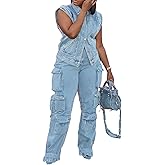 Molilove Women's Two Piece Denim Outfits Sleeveless Button Jean Jacket Cargo Pants with Pockets Y2K Tracksuit Set Streetwear