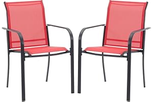 DIFY 2 PCS Patio Dining Chairs, Stackable Outdoor Chairs with Metal Frame for Lawn Garden Backyard, Red