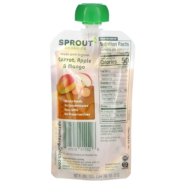 SPROUT ORGANIC FRUIT & VEGGIE BLEND CARROT APPLE MANGO, 3.5 OZ POUCH