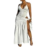 Halfword 2 Piece Maxi Skirt Sets Sexy Halter V Neck Backless Bodysuit Sarong Wraps Beach Vacation Clothes Going Out Outfits