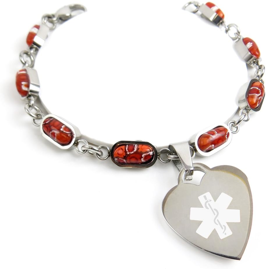 My Identity Doctor - Pre-Engraved & Customized Bee Sting Allergy Charm Alert Bracelet, Red Millefiori Glass, White