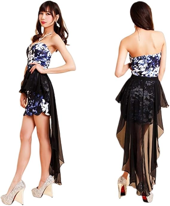 Amazon 2wayスカートデザイン テールカットフラワー柄ストーン パール装飾ドレス ブルー D 2493 パーティードレス 通販