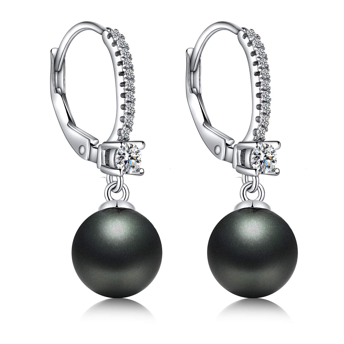 JiaYang White Gold Black Pearl Earrings for Women, 5A CZ Diamonds Sterling Silver Dangle Earrings with 10MM Pearls