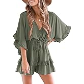 Valphsio Womens V Neck Beach Romper Ruffle Layered Drawstring Waisted Shorts Jumpsuit