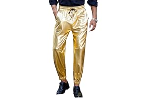 GENEMEN Mens Metallic Pants 70s Disco Outfits Elastic Bottoms Shiny Rave Pants Party Nightclub Trousers