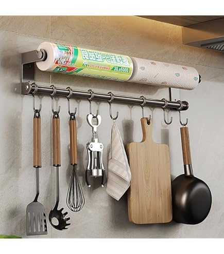 BTSKY Support mural de 39 cm pour casseroles et poêles, crochets de cuisine en acier inoxydable, support de suspension de cuisine, organisateur d' ustensiles de cuisine avec 6 crochets BTSKY Support mural de 39 cm pour casseroles et poêles, crochets de cuisine en acier inoxydable, support de suspension de cuisine, organisateur d' ustensiles de cuisine avec 6 crochets
