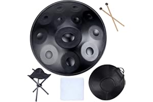 TREELF Handpan Drums Sets D Minor 22 inches Steel Hand Drum with Soft Hand Pan Bag, 2 handpan mallet,Handpan Stand (12 Notes, Black)