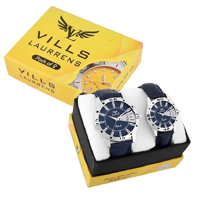 Vills Laurrens Day and Date Analogue Blue Dial Couple Watch for Men and Women - Pack of 2