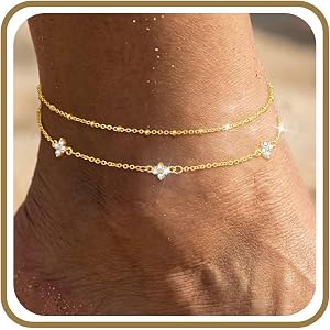 Suarlly Anklets for Women Waterproof 14K Gold Plated Beach Ankle Bracelets Dainty Summer Bow Clover Heart Evil Eye Anklet Non