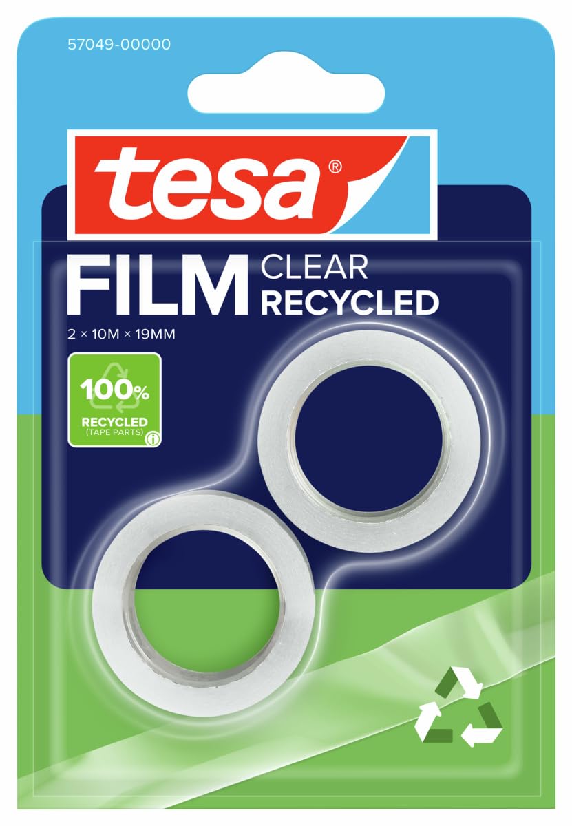 tesa UK Film eco and Clear Transparent Self-Adhesive Tape - Solvent Free, Age Resistant Office Tape with Strong Adhesion, 10 m x 19 mm - Pack of 2