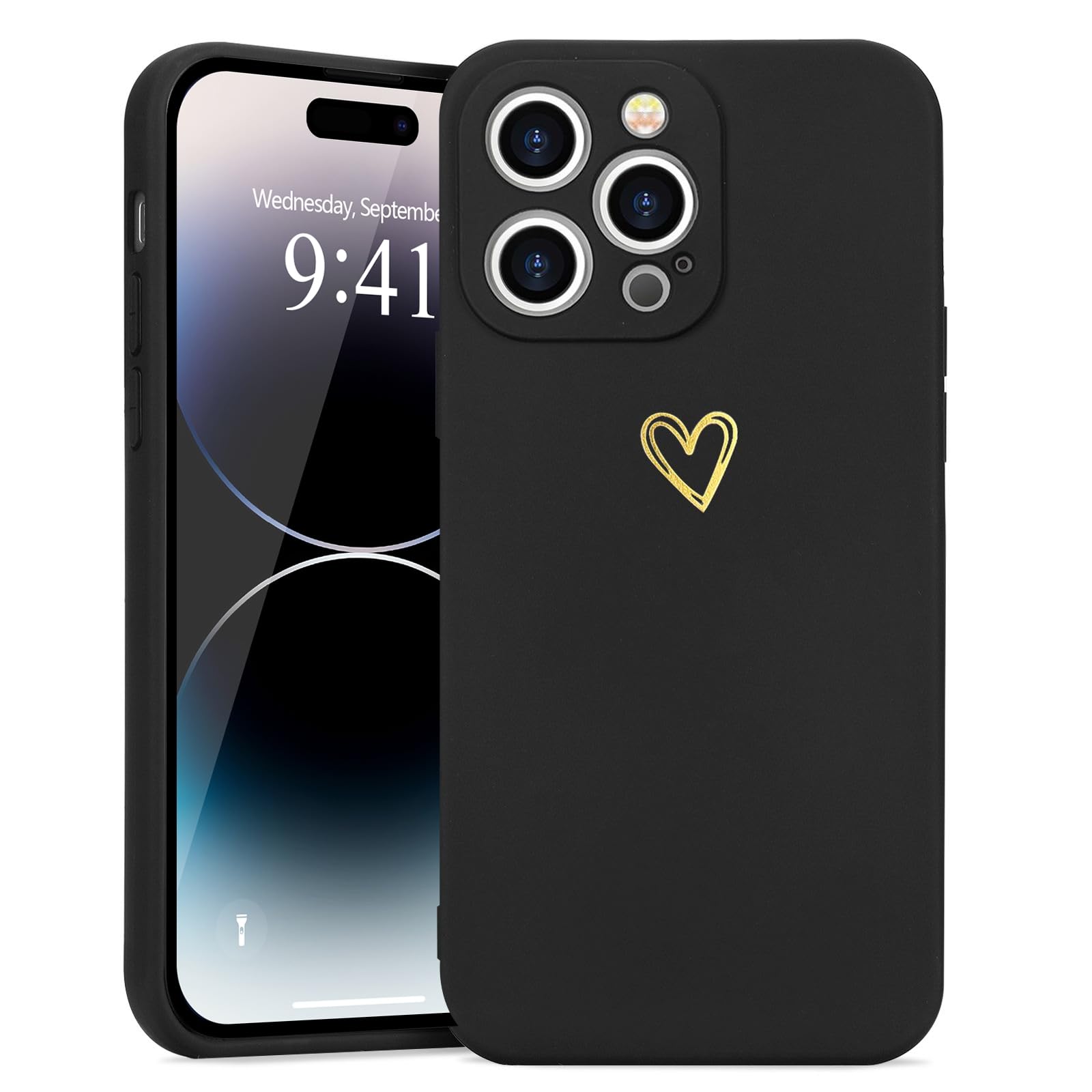 Wirvyuer Compatible with iPhone 14 Pro Max Case for Girls Women Silky Soft Protective Shockproof Silicone Phone Case with Cute Gold Heart Pattern Design Black Bumper Cover — image 1