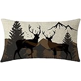 ITFRO Hand-Painted Oil Painting Rustic Forest Wildlife Deer Pine Tree Waist Lumbar Cotton Linen Throw Pillow Case Cushion Cover Long Oblong 12x20 inches (Brown)