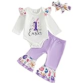mlpeerw My First Easter Baby Girl Outfit Newborn Bunny Romper Bell Bottom Pants Headband 1st Easter Baby Spring Clothes