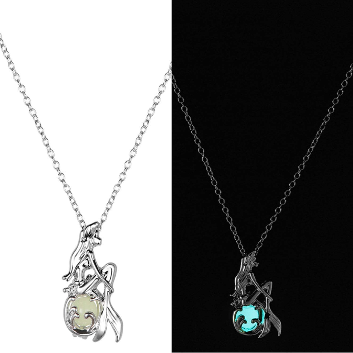 Glow in The Dark Necklace Steampunk Hollow Pendant with Chain for Women Mermaid Blue-Green