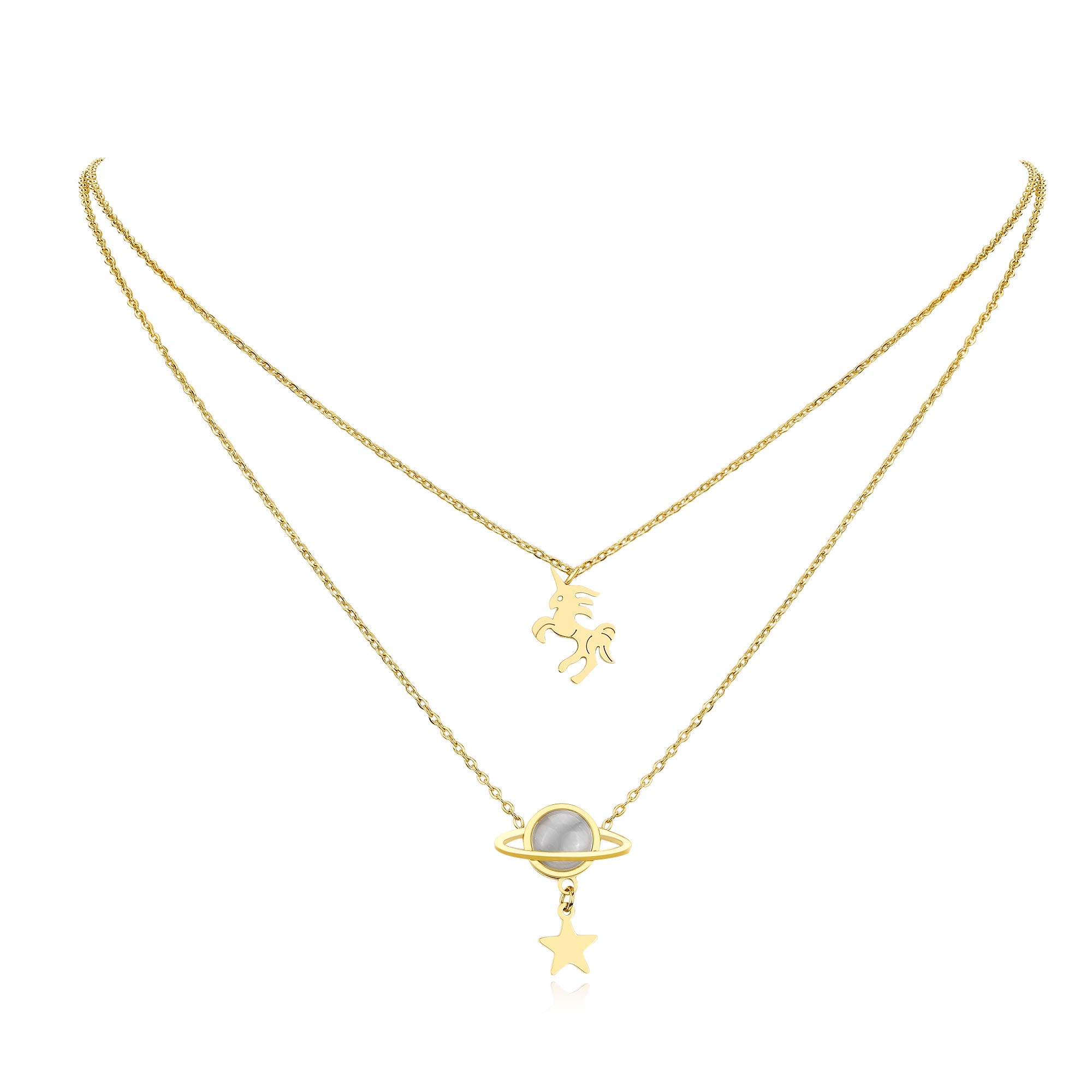Qings Unicorn Planet Star Gold Plated Necklace 18K Trendy Layered Adjustable for Women and Girls