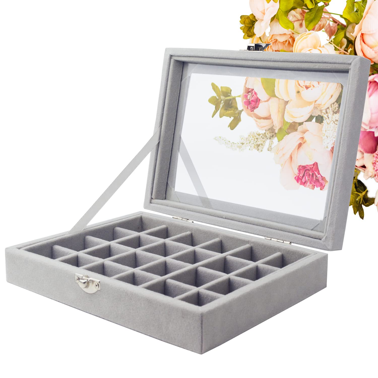 SUPPRUI Earrings Storage Organiser Velvet Jewellery Rings Display Box with Clear Lid Showcase for Home, Shop, Dressing Room (Grey-24Grids)