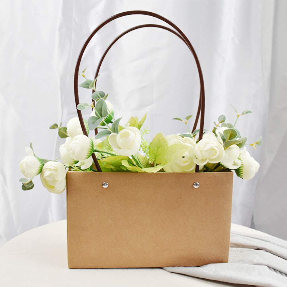 10Pcs Waterproof Paper Flower Gift Bags with Handle Kraft Bouquet Carrier Bags Box Brown Paper Tote Bags for Valentine's Day, Fresh Flower Plant Gift, Floral Arrangement, Wedding Party Favors