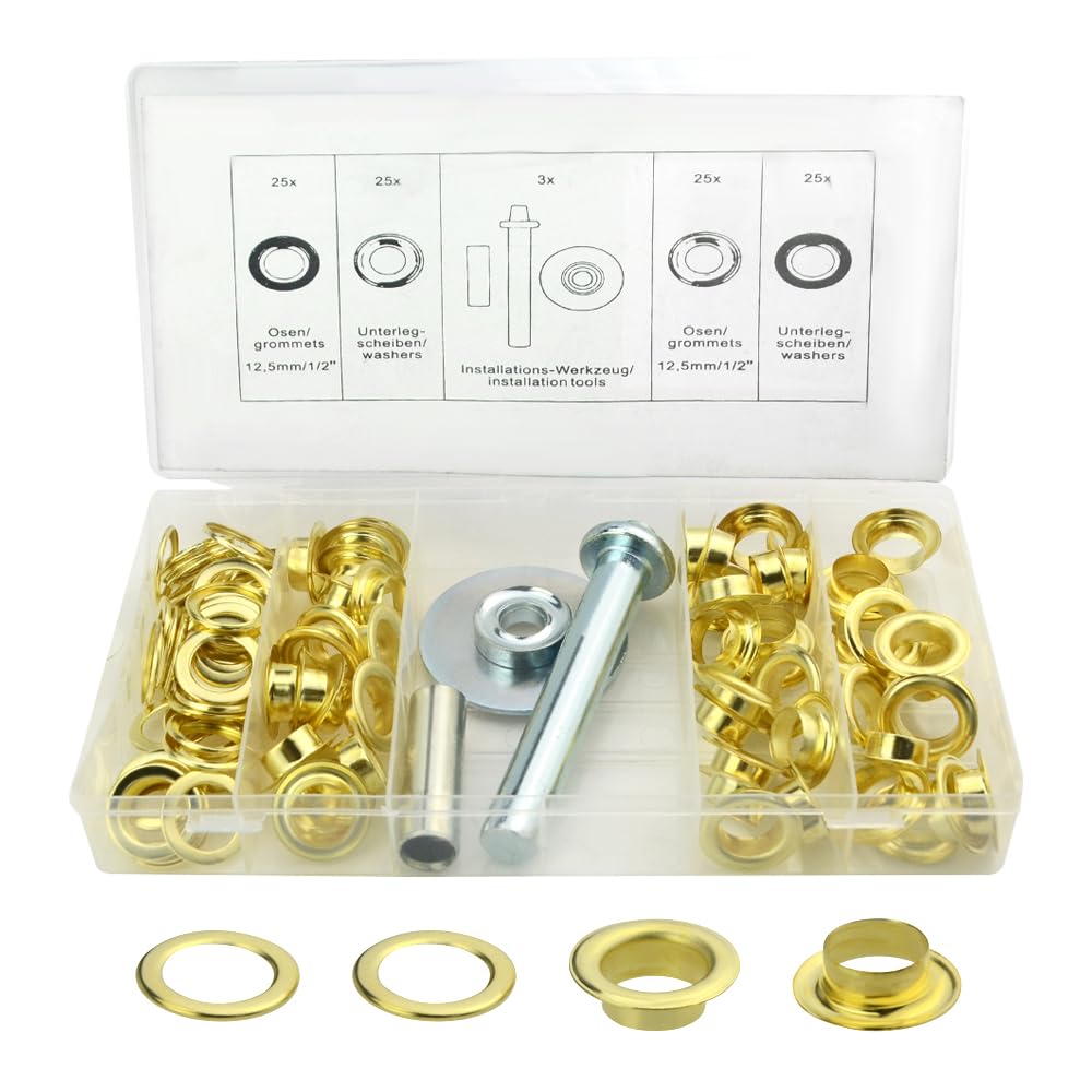 BGTXINGI 100PCS 50 Set 1/2" Grommet Tool Kit Grommet Setting Tool Copper Grommets Eyelets with 3PCS Install Tool for Dress Fabric Leather Repairs Decoration