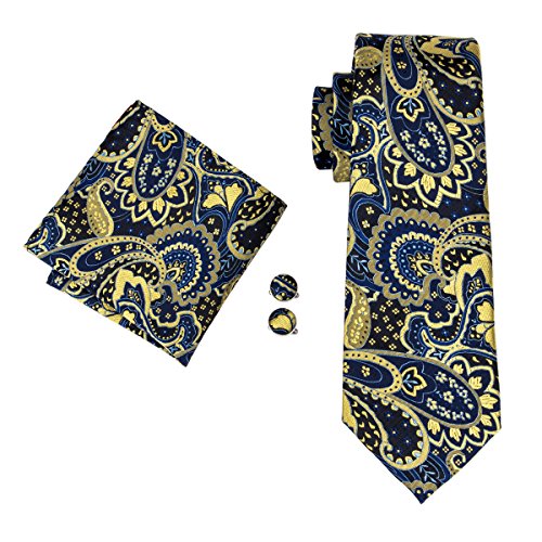 DiBanGu Men's Silk Tie and Pocket Square Woven Paisley Tie Cufflink Clip Set (Blue and Yellow)