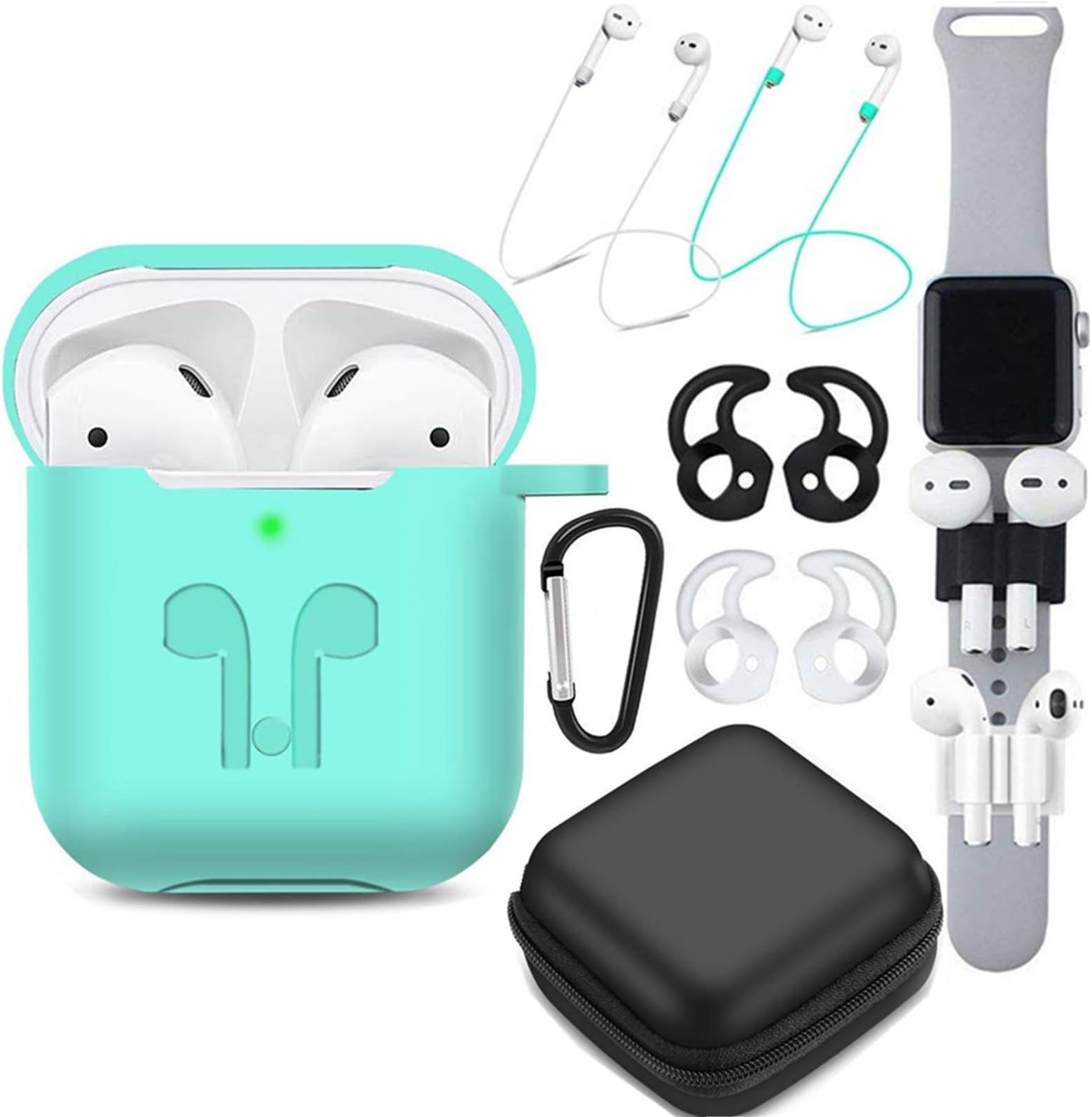 TAOSANHU AirPods Case 9 in 1 Airpods Accessories Kits Protective Silicone Cover and Skin Compatible Apple Airpods Charging Case with Airpods Ear Hook/Tips/Airpods Strap/Clips/Watch Band Holder