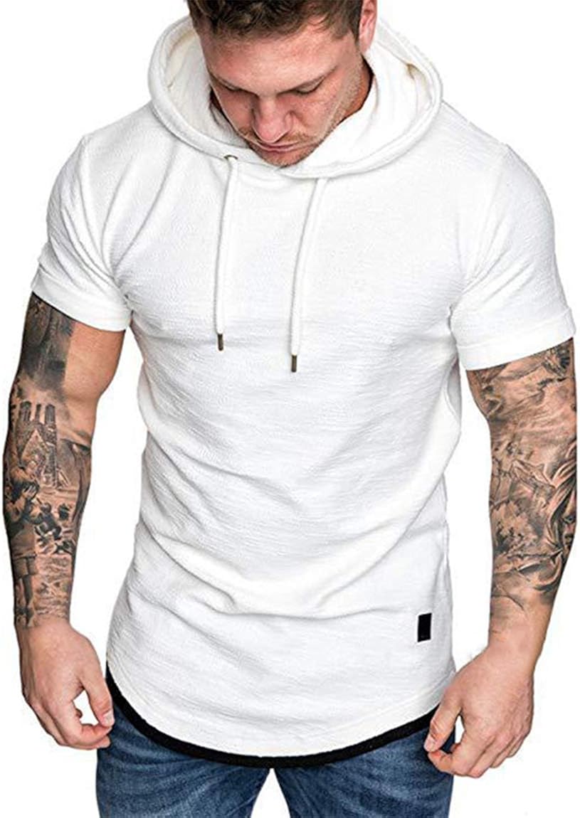 FUQUAN Mens Loose Fit Hoodies Sweatshirt Short Sleeve Solid Color