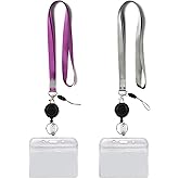 YOUOWO 2 Pack Lanyard with ID Badge Holders Horizontal and Retractable Badge Reel,Purple Grey Office Neck Lanyards with id Card Holder Punched Zipper Waterproof Resealable