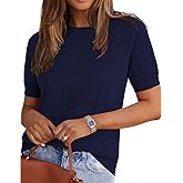 Tisfeer Short Sleeve Sweater for Women 2026 Spring Summer Crew Neck Eyelet Knit Shirts Loose Fit Lady Casual Blouse Tunics