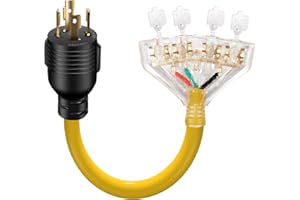 LAZMUMI 30 Amp to 110 Outdoor Generator Adapter Power Cord, 4 Prong Locking 30 Amp to 15 Amp Generator Adapter, NEMA L14-30P Male to 4X 5-20R T-Blade Female with Dust Protection Caps, 1.5FT