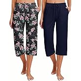 Ekouaer 2 Pack Women's Capri Pajama Pants Printed Drawstring Comfy Pj Bottoms With Pockets