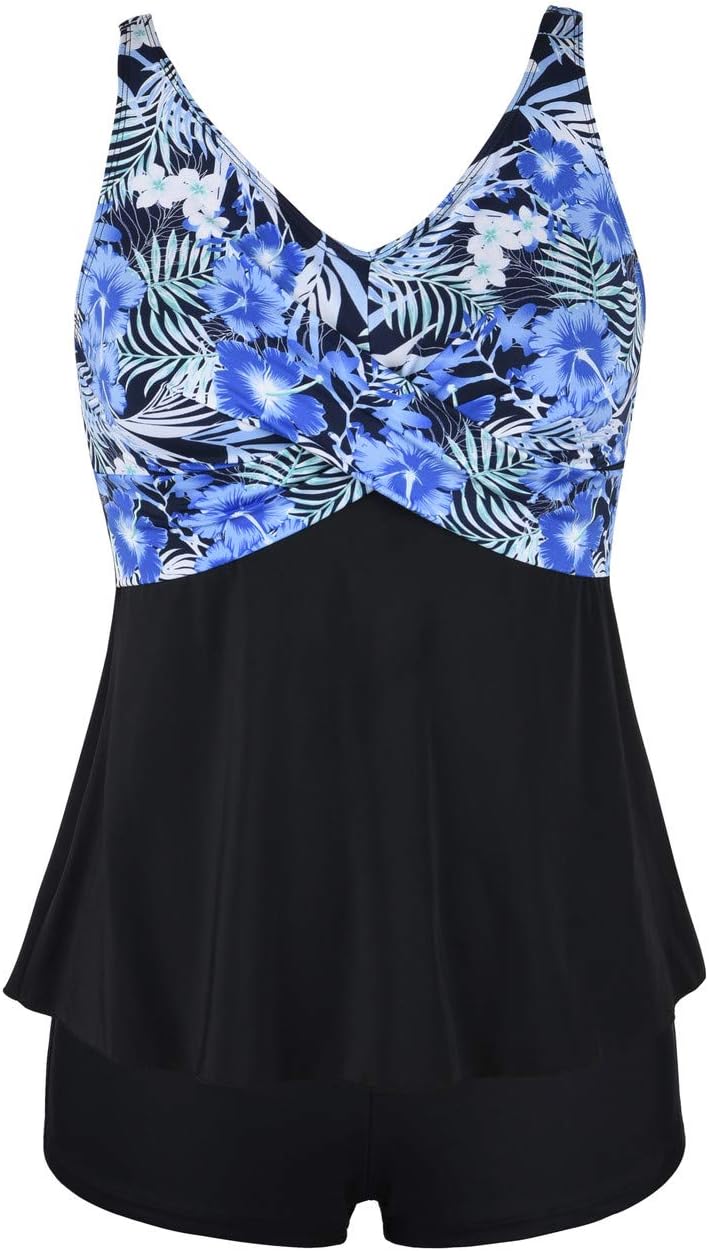 Womens Two Pieces Front Crossover Tankini Top Swimwear with Boyshorts Bottom Swimsuit