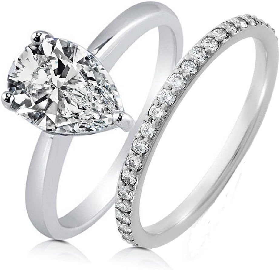 DiamonbellaRealistic Simulated Diamond Pear Shaped Ring Semi-eternity Band Set 1.5 Carat 925 Silver, Cubic Zirconia,
