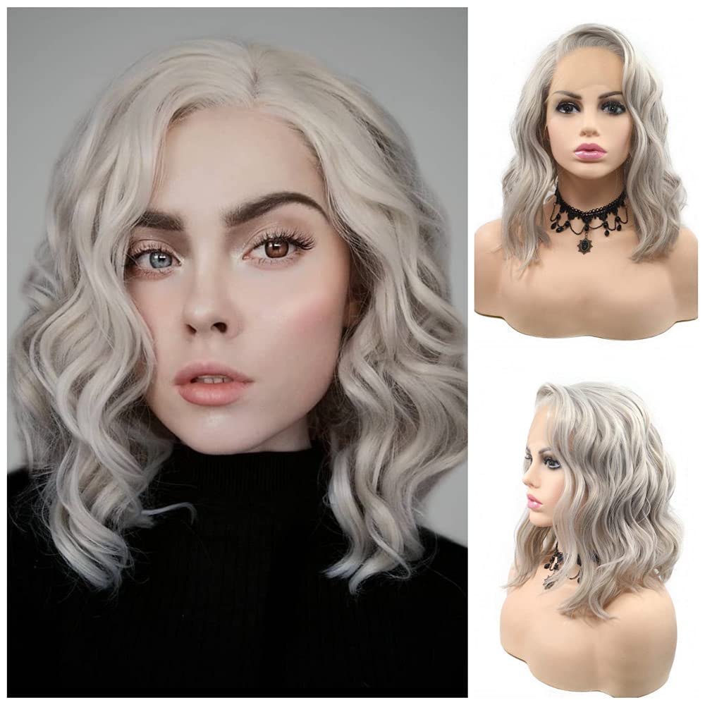 14inches Pastel Wig Side Part Short Bob Lace Front Grey Synthetic Hair Heat Resistant Wig Shoulder Length for Women Female Summer Holidays Loose Wave
