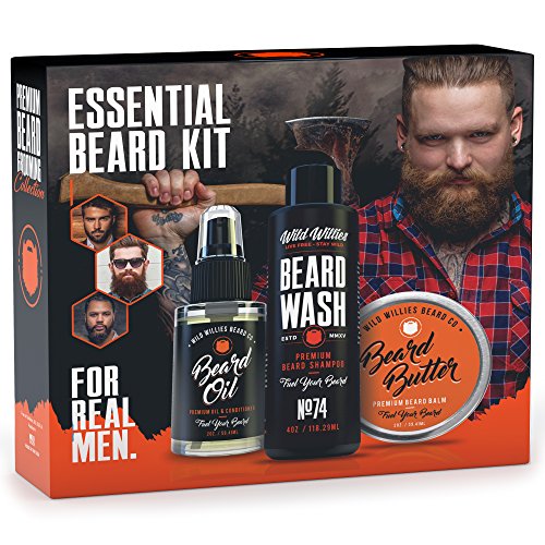 Essential Beard and Mustache Grooming Kit for Men - USA Made Gift Set Soothes Irritated, Dry Skin, Reduces Acne & Grows Your Beard Faster - Beard Oil, Balm Conditioner & Shampoo Wash