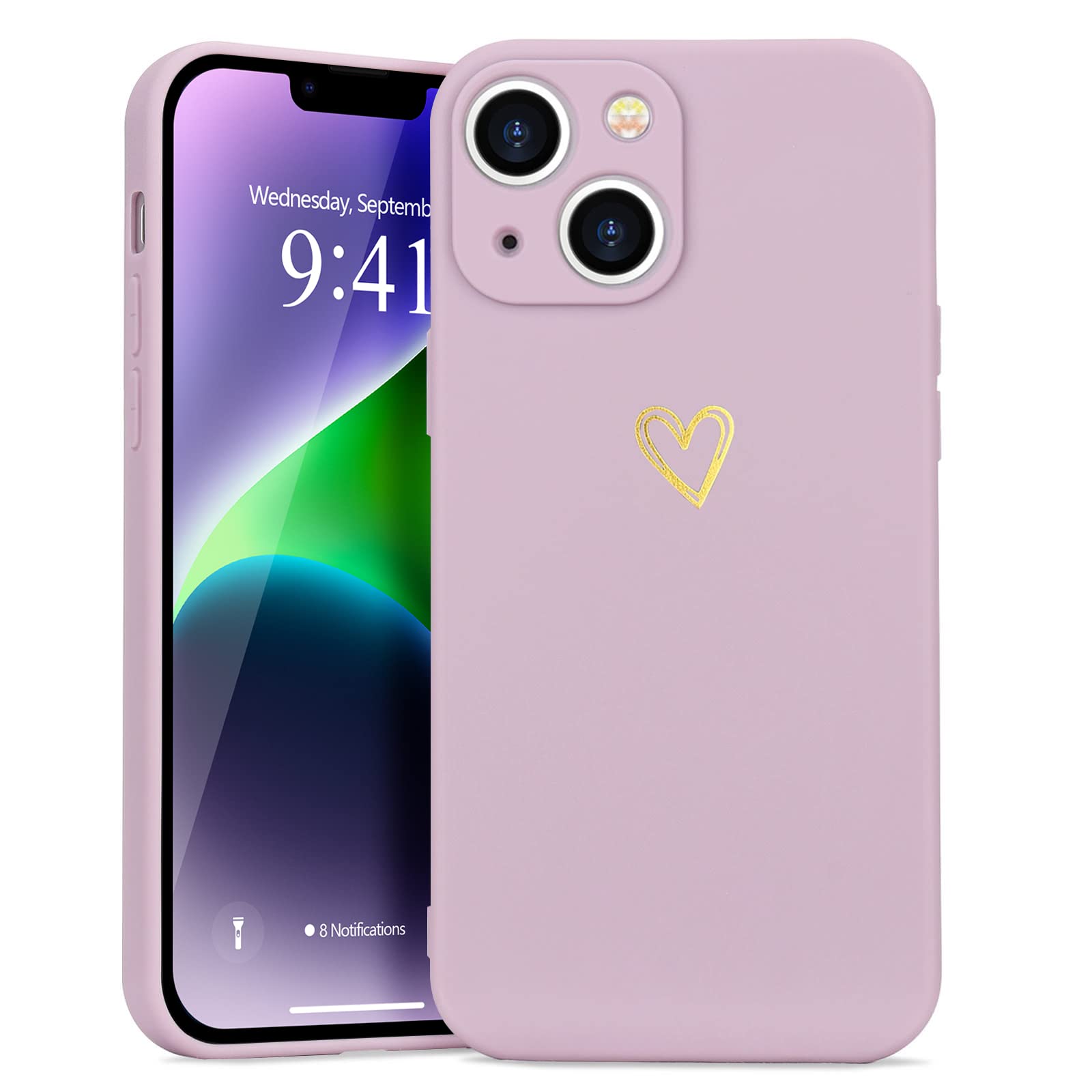 Wirvyuer Compatible with iPhone 14 Plus Phone Case Cute Gold Heart Pattern Protective Shockproof Soft Liquid Silicone Case for Women Girls Slim TPU Bumper Purple Cover