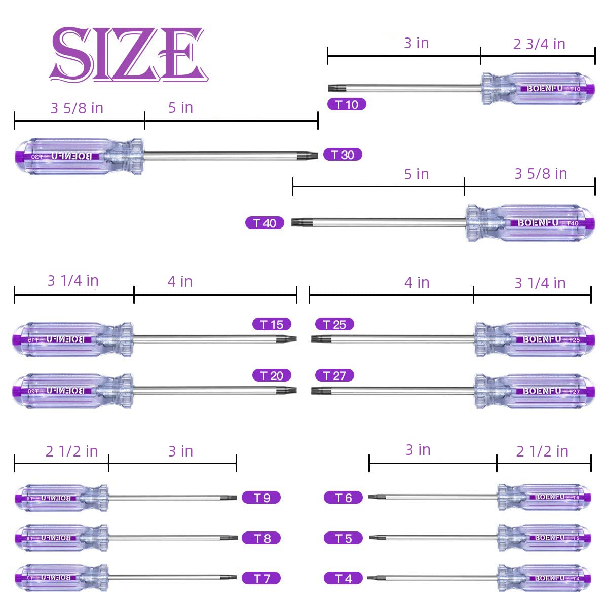 BOENFU Torx Star Screwdriver Set 13 PCS Heavy Duty T10 T20 Torx Security Screwdriver, T5 T15 T6 T8 T25 T30 T7 T27 T40 T9 T4 Star Shaped Drivers Set Fit Tamper Proof Screw, Purple