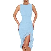 BORIFLORS Women's Sexy Elegant Boat Neck Bodycon Midi Dresses Ruffle Hem Sleeveless Ruched Cocktail Party Tank Dress