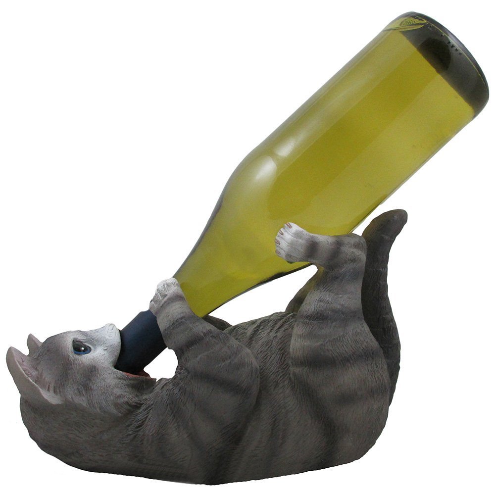 Funny Gray Kitty Cat Wine Bottle Holder Sculpture for Unique Tabletop