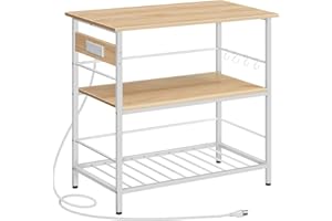 HOOBRO Kitchen Island with Storage, Kitchen Island Table with Power Outlet, 3 Tier Coffee Station and Microwave Stand, for Home, Kitchen and Dining Room, Natural and White WN021ZD01