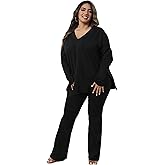 IyMoo Womens Plus Size Pants Suits Tracksuits 2 Piece Set Outfits Long Sleeve V Neck Slit Pullover Flare Leg Loungewear