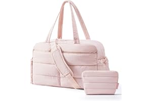 BAGSMART Gym Bag for Women, Lightweight Puffer Duffle Bag 2-PC Travel Bag, 31L Weekender Overnight Bag Quilted Carry On Tote Bag, Diaper Hospital Dance bag for Travel, Gym, Water Resistant, Pink