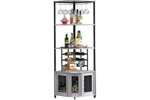 Anmytek Corner Bar Cabinet Wood Liquor Cabinet with Wine Rack, 5-Tiers Industrial Corner Wine Cabinet with Shelf Storage, Home Bar Display Cabinet with Mesh Metal Door for Home Kitchen Small Space