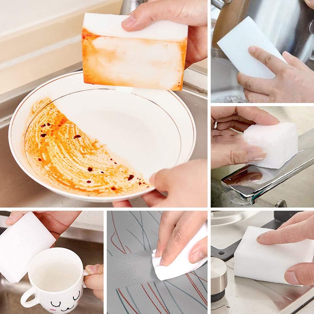 SmilePowo 100 Pack Magic Cleaning Sponges Eraser,Multi-Functional Premium Melamine Sponge Foam Cleaning Pads,Dish,Household Cleaning Sponge for Kitchen,Furniture,Bathroom(Universal Cleaner): Kitchen & Dining