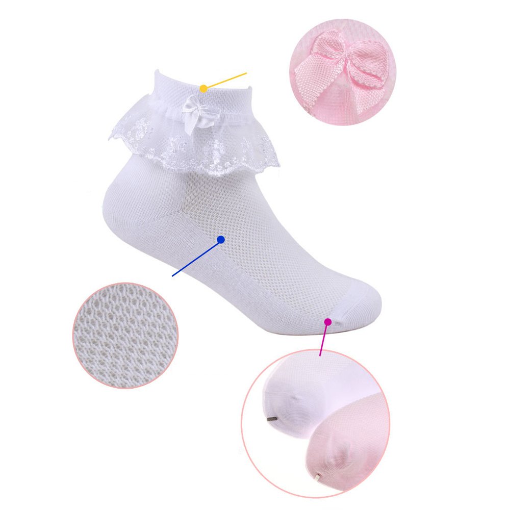 5Paires Chaussettes Princesse Fille Dentelle Lace Fantaisie en Coton Taille Unique 3Paires Rose + 2Paires Blanche